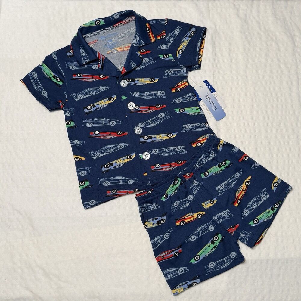 Mon Petit Racing Cars Baby Toddler 2 Pc Soft Button-Down Pajamas size18 Months